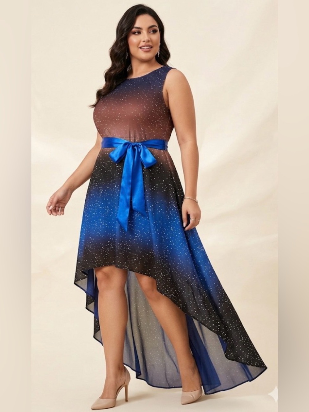 New Women Fashion Galaxy Starry Printed High Low Dress Sleeveless size XXL